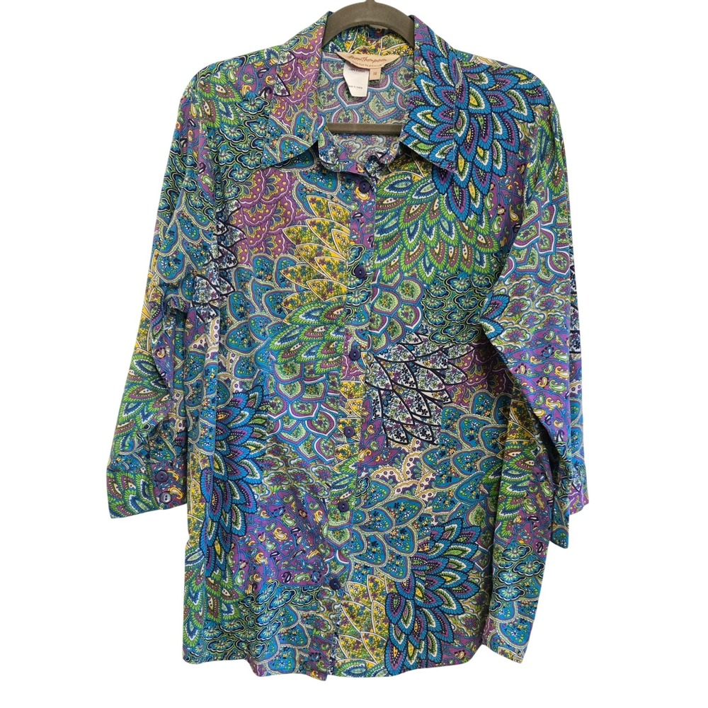 Norm Thompson Womens 1X Cotton Button Up Shirt Paisley Peacock Print Multi Color